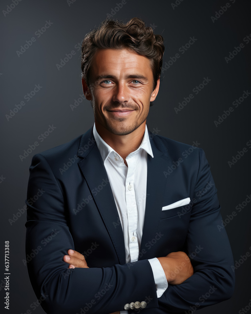 Business man happy and smiling it in work isolated background , Created with Generative Ai Technology Business man happy and smiling it in work isolated background , Created with Generative Ai Technology