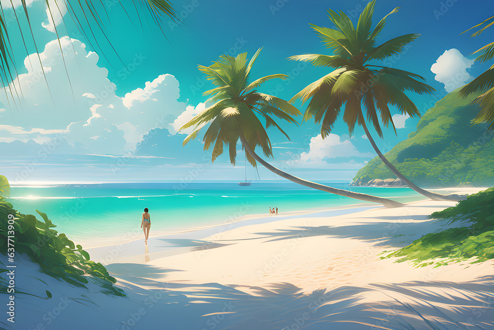 A white sandy beach, blue sea and a girl on a summer day. Generative AI