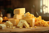 Various stack of cheese on wooden table and blurry natural light in the kitchen background, copy space for text, food and diet concept, with Generative Ai.