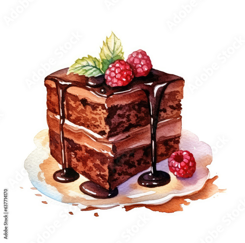 Watercolor chocolate cake clipart, isolated on white background