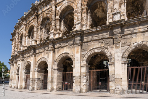 Detail view of the ancient roman arena, a landmark historic monument of Nimes, Gard, France