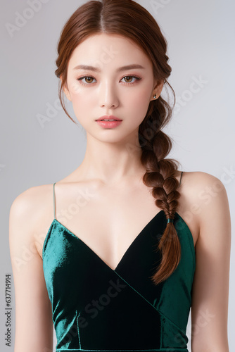 Portrait of a beautiful Japanese women with auburn fishtail braid, velvet dress, looking feminine.