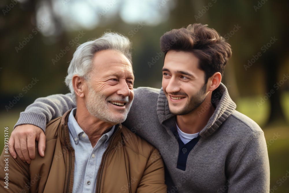 Happy father and son walking together in front of tree. Warm relaionship. Generative ai Happy father and son walking together in front of tree. Warm relaionship. Generative ai