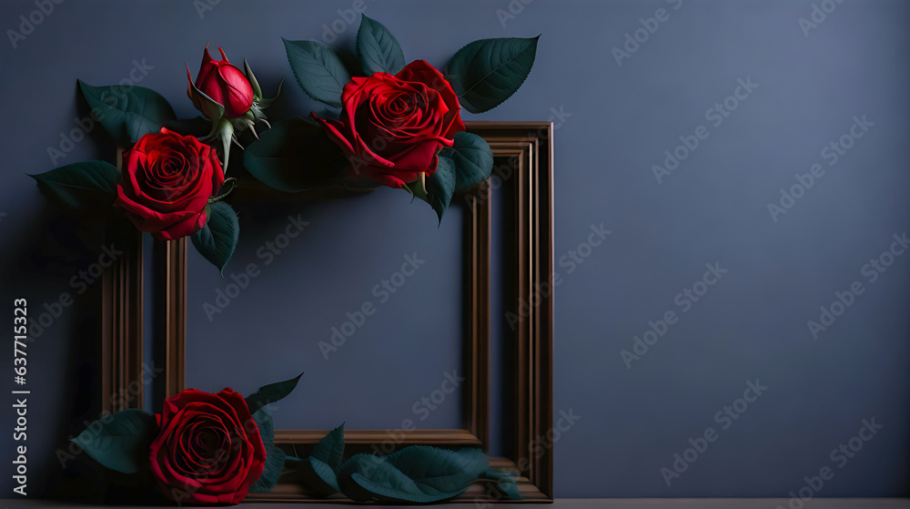 Obraz premium Red Roses Picture Frame Beautiful Floral Decoration on a Romantic Background