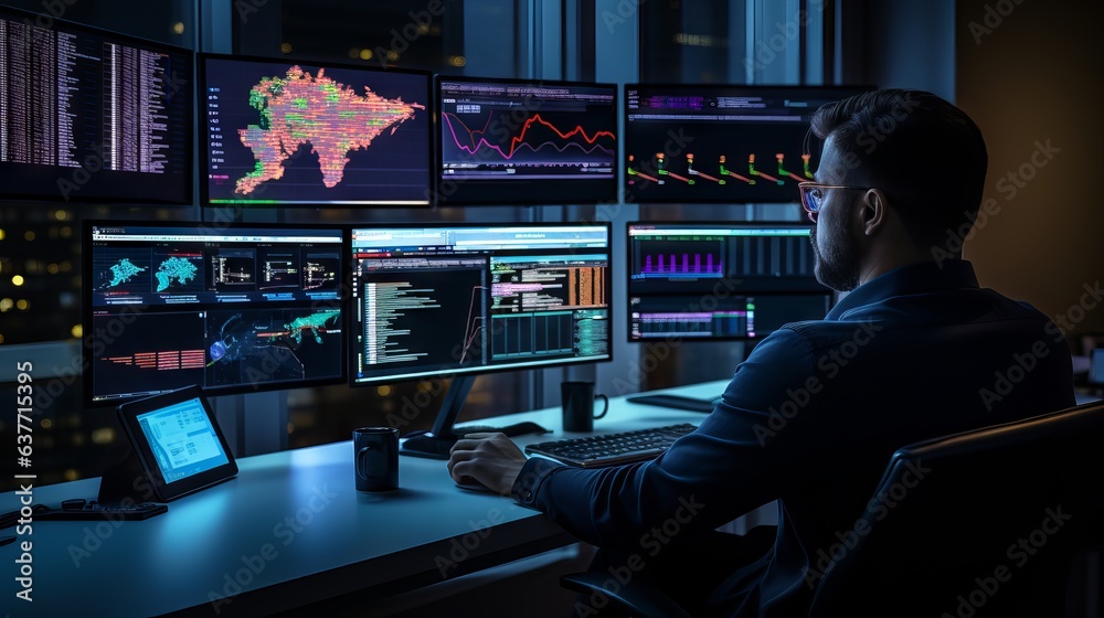 A data analyst sitting at a sleek and modern workspace, surrounded by multiple computer screens displaying colorful charts, graphs, and visualizations. They delve deep into the data - obrazy, fototapety, plakaty 