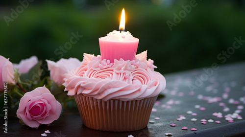 Pink cupcake with candle outdoor arrangment