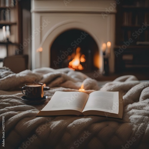 A person huddled under a blanket with a book, beside a roaring fireplace, feeling cozy and content2