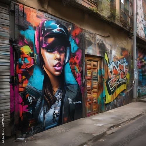 A graffiti-covered alleyway with vibrant street art, reflecting a sense of urban creativity and rebellion1