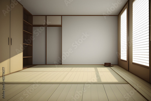 Empty room, clean japanese minimalist room interior, 3D rendering