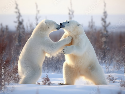 Photo two polar bears are playing with each other in the wild