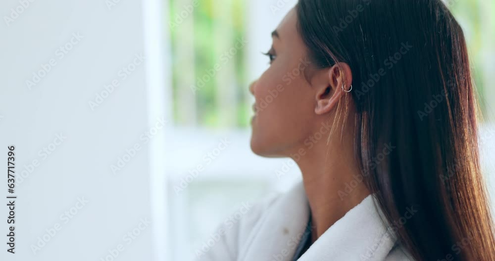Woman, brush hair and beauty with morning routine, growth and texture with keratin treatment and styling at home. Haircare, shampoo and wellness, maintenance in bathroom and hairstyle with shine Woman, brush hair and beauty with morning routine, growth and texture with keratin treatment and styling at home. Haircare, shampoo and wellness, maintenance in bathroom and hairstyle with shine