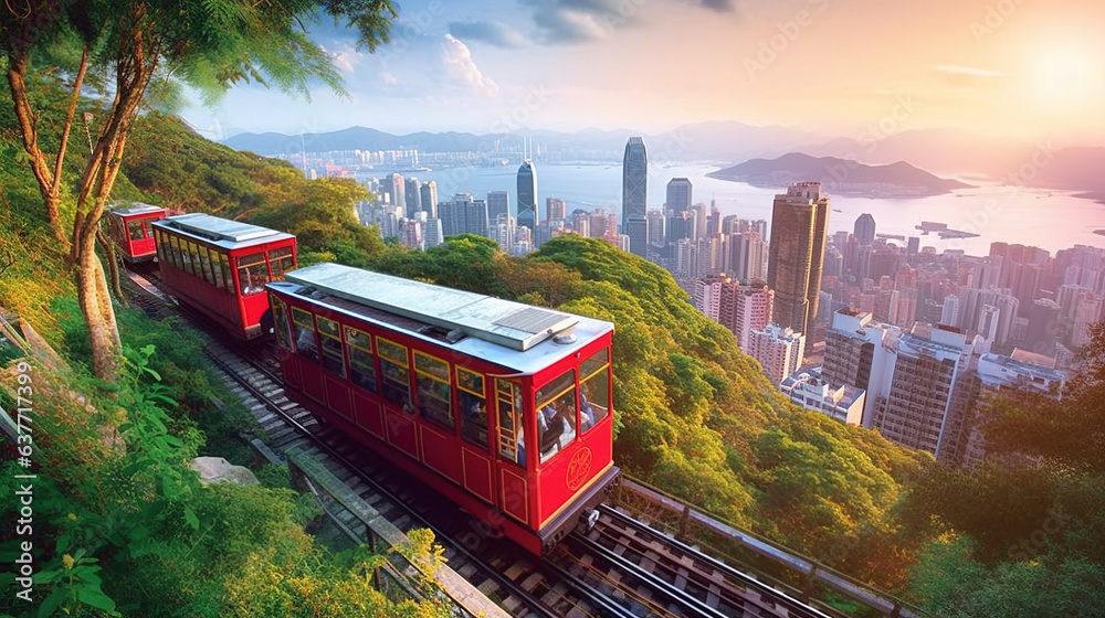 Naklejka premium a red train is running in hill railway leaving city behind.Generative Ai