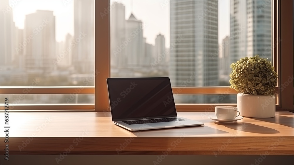close up working desk with blank screen laptop on wooden table study room interior design template home interior background,ai generate close up working desk with blank screen laptop on wooden table study room interior design template home interior background,ai generate