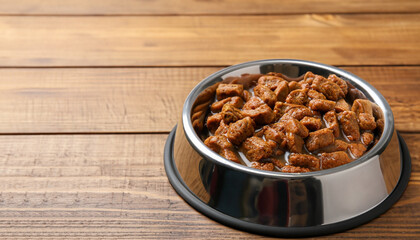 Wet pet food in feeding bowl on wooden table. Space for text