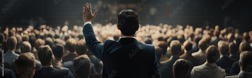 Unrecognizable businessman person of multi-ethnic businesspeople raising their hands during a presentation seminar for asking question at their company,ai generate - obrazy, fototapety, plakaty 