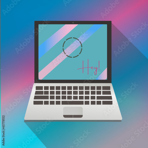 laptop vector with waiting icon and hey text on gradient background. 