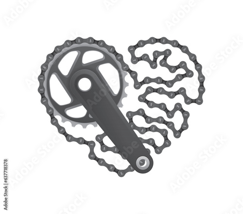 Vector realistic bicycle crank with a chain forming a heart shape. Isolated on blue background.