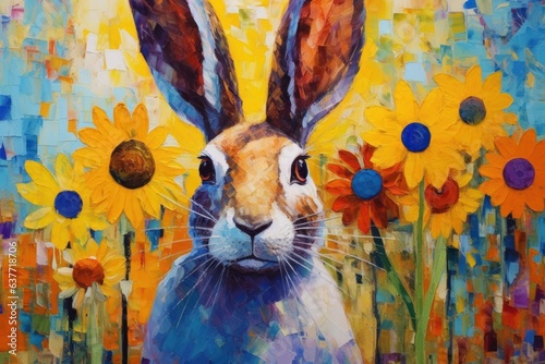 Rabbit made of oil paint modern art with sunflower Generative AI. © BOONJUNG