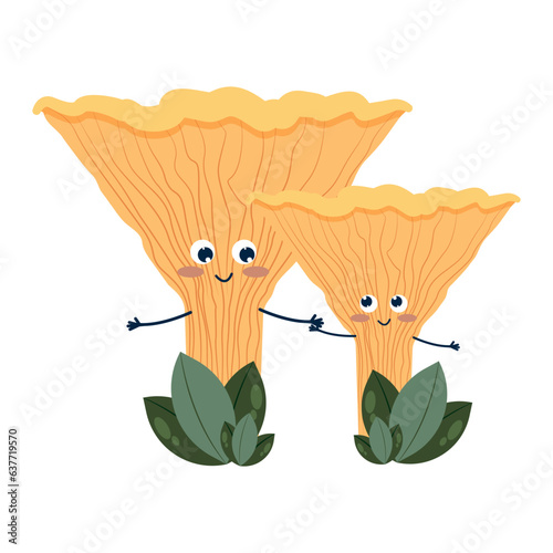 Set of funny chanterelle mushrooms with faces, childrens cartoon characters Edible and inedible mushrooms, vector illustration.