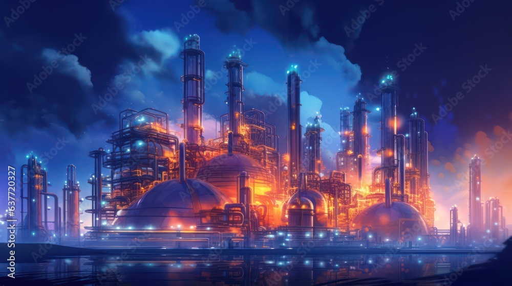 oil refinery at shining light background 