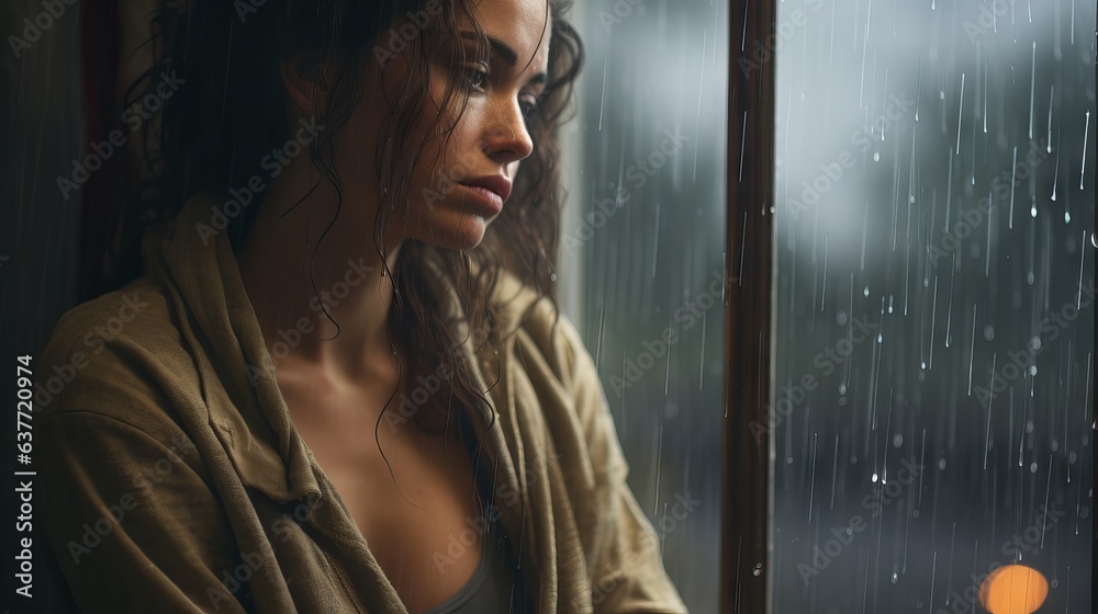 A depressed woman standing looking out of a window while its raining, Young woman gazes through rain-streaked window, reflecting sadness and contemplation. A depressed woman standing looking out of a window while its raining, Young woman gazes through rain-streaked window, reflecting sadness and contemplation.