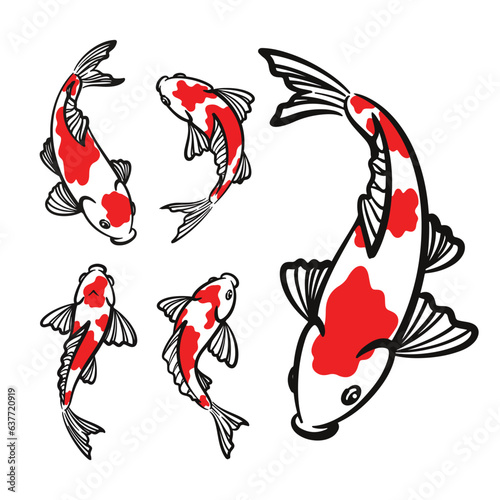 Set of hand drawn koi fish illustration. Koi carp line art collection
