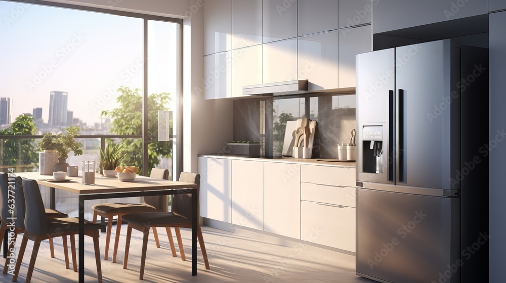 Efficient Morning Bliss: Futuristic Smart Kitchen with Touchscreen Refrigerator, Smart Oven, and Modern Home Control Panel Efficient Morning Bliss: Futuristic Smart Kitchen with Touchscreen Refrigerator, Smart Oven, and Modern Home Control Panel