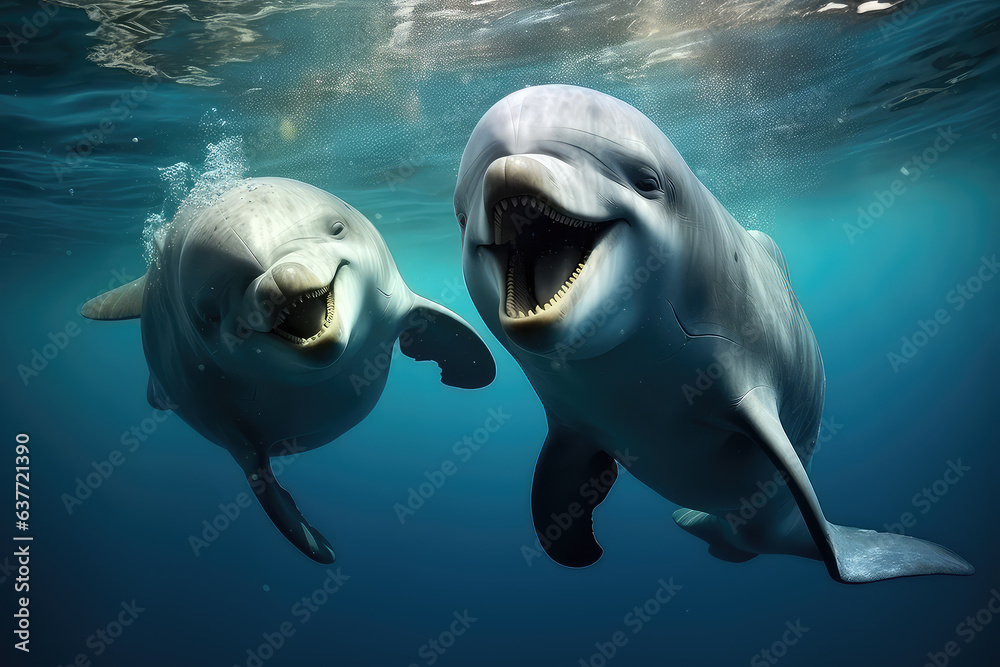Fototapeta premium two dolphins swimming in water