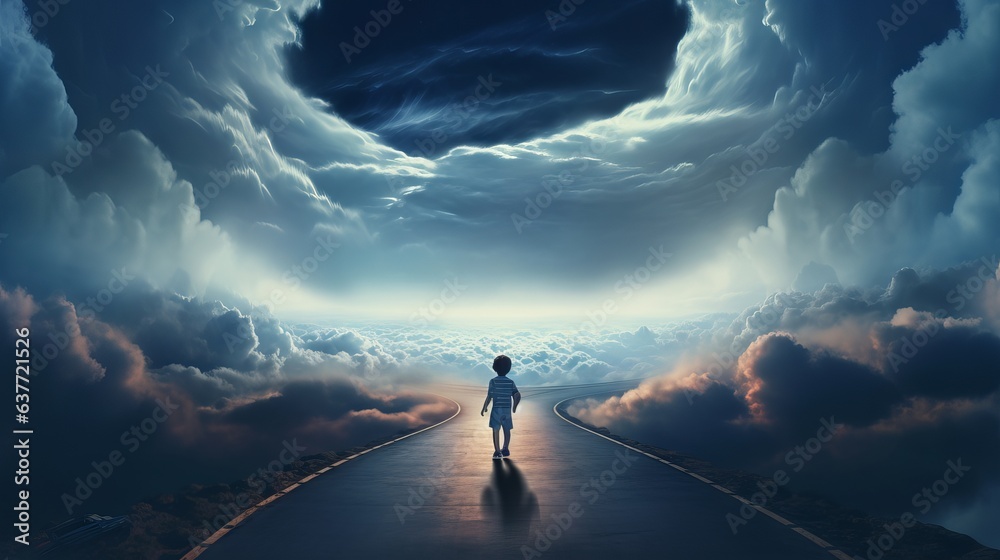 custom made wallpaper toronto digitalEnchanting journey: Little Boy exploring a cloud road to a magical kingdom with a playful elf companion