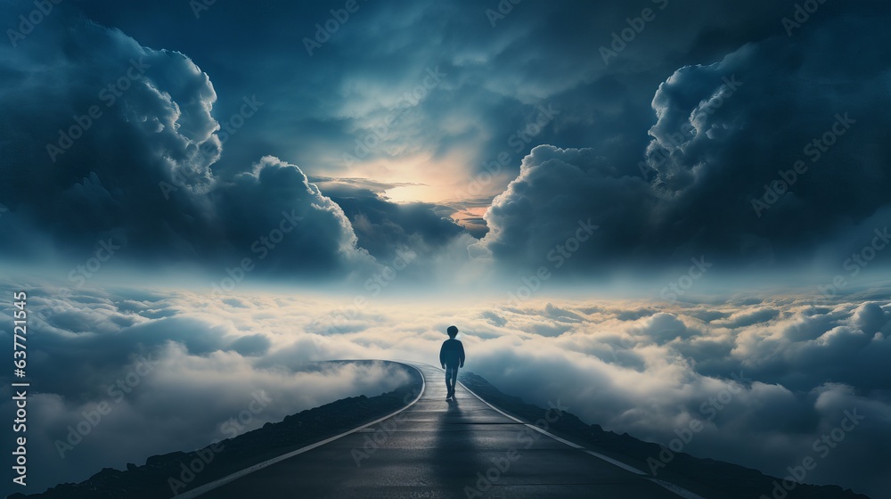 Fototapeta premium Enchanting journey: Little Boy exploring a cloud road to a magical kingdom with a playful elf companion