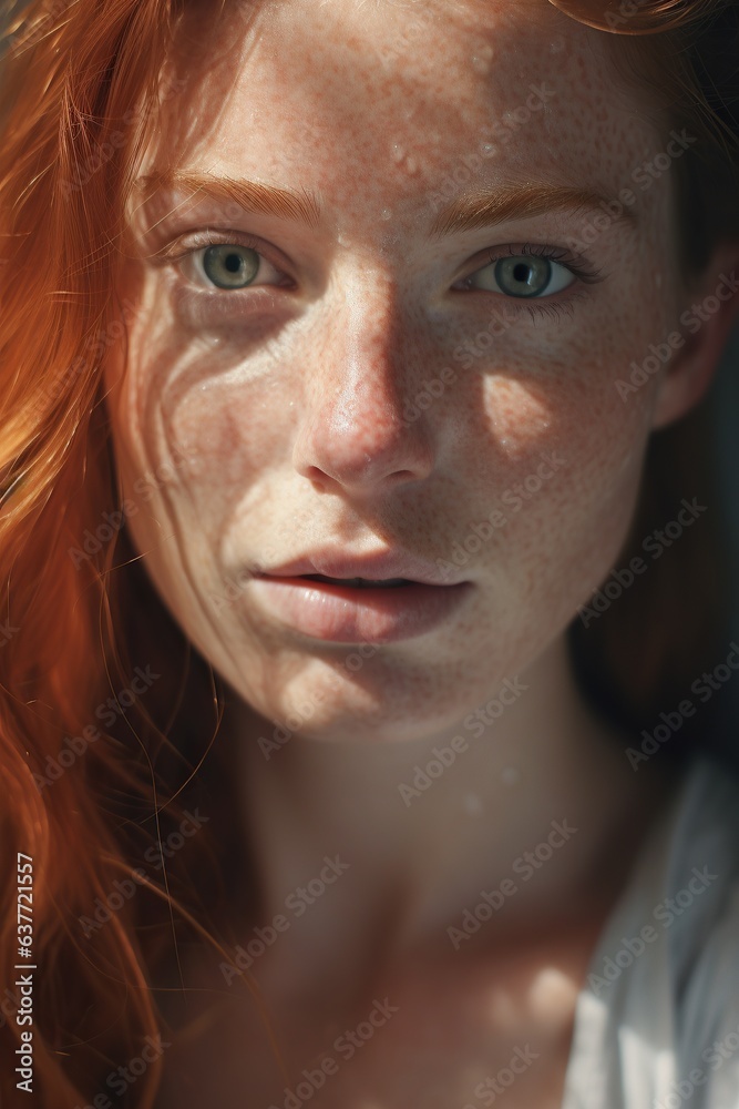 A stunning close-up portrait of a red-haired woman, with her delicate features - her lips, eyes, cheeks, neck, and hair - illuminated in a captivating light, radiates a sense of strength and beauty A stunning close-up portrait of a red-haired woman, with her delicate features - her lips, eyes, cheeks, neck, and hair - illuminated in a captivating light, radiates a sense of strength and beauty