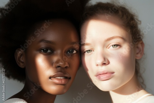 AI Generated. Two women with different skin color. Beauty