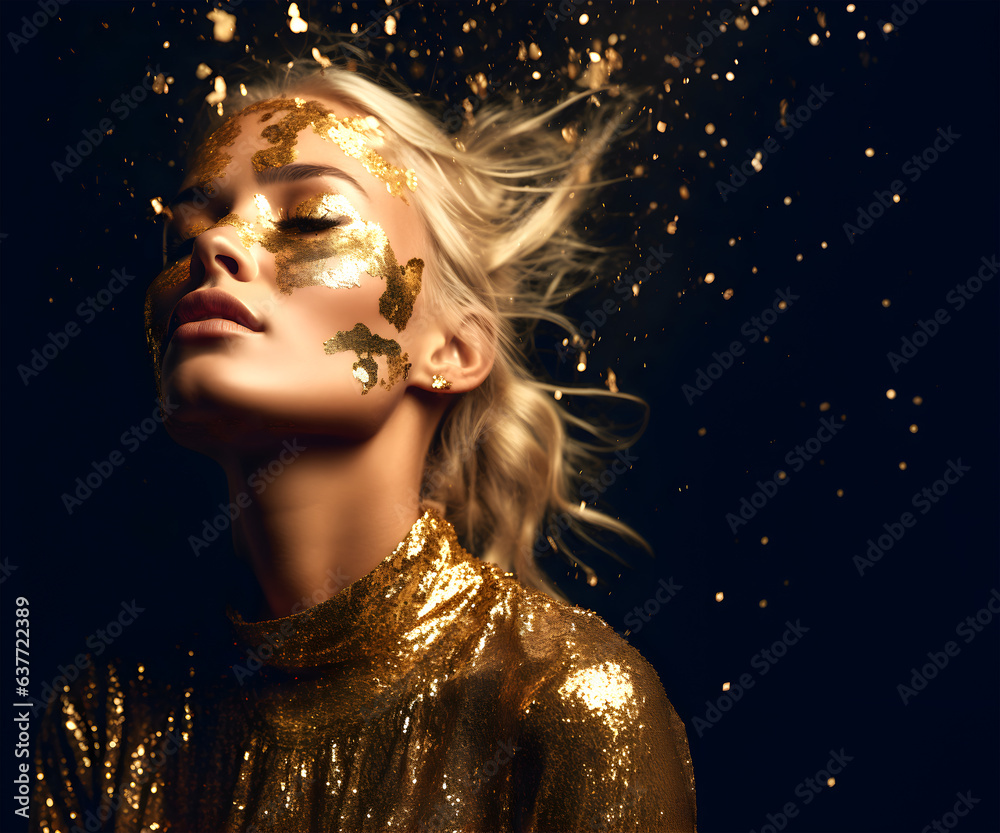 Fashion editorial Concept. Stunning golden hair beautiful woman girl high fashion striking gold glitter shimmer. illuminated with dynamic composition and dramatic lighting Fashion editorial Concept. Stunning golden hair beautiful woman girl high fashion striking gold glitter shimmer. illuminated with dynamic composition and dramatic lighting