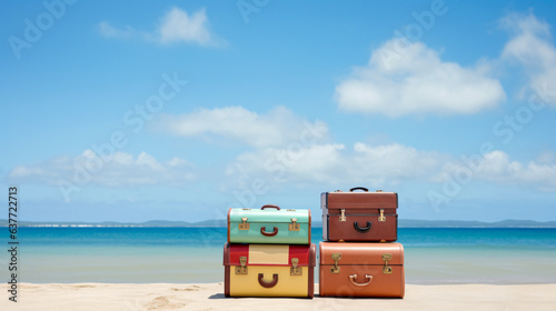 Stack of suitcases on the beach copy space