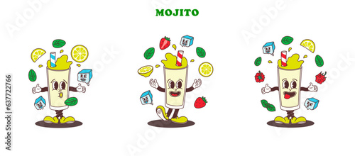Set of characters classic and strawberry, raspberry Mojito with mint leaves and ice cubes in comic cartoon style on transparent background. Isolated vector illustration hand drawing of funny mascot