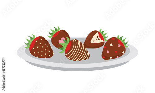 Strawberries in milk chocolate on plate. Sweet dessert for Valentines day. Vector illustration in flat cartoon style.