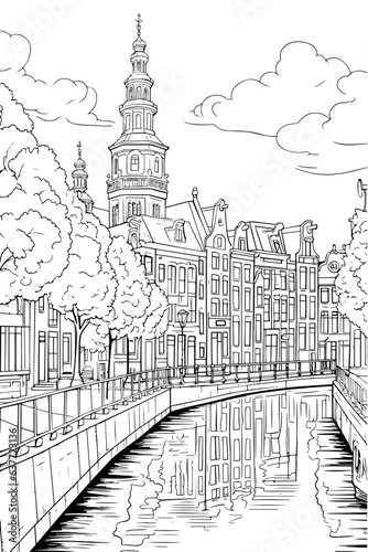 Netherlands Amsterdam cityscape black and white coloring page for adults. Buildings, canal, street, landmarks vector outline doodle sketch for anti stress color book