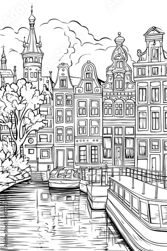 Netherlands Amsterdam cityscape black and white coloring page for adults. Buildings, canal, street, landmarks vector outline doodle sketch for anti stress color book