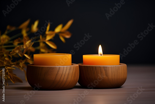 Twin Wooden Candle Holders with Glowing Candles