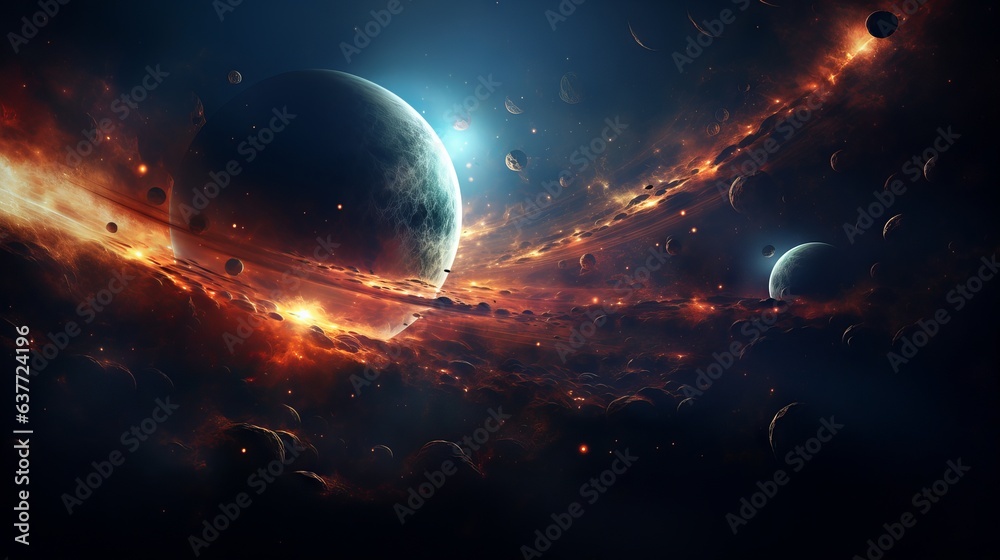 Vibrant abstract space background with cosmic planets and celestial elements
