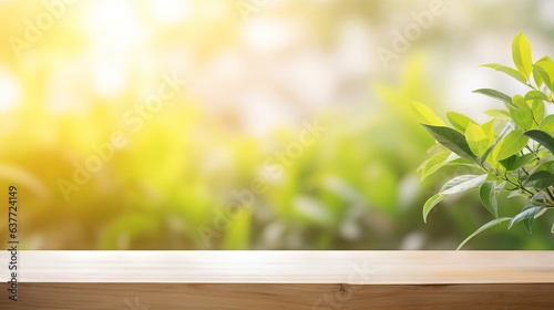 Soft blurred garden leaves view from window - abstract natural spring background - green leaves on wooden table