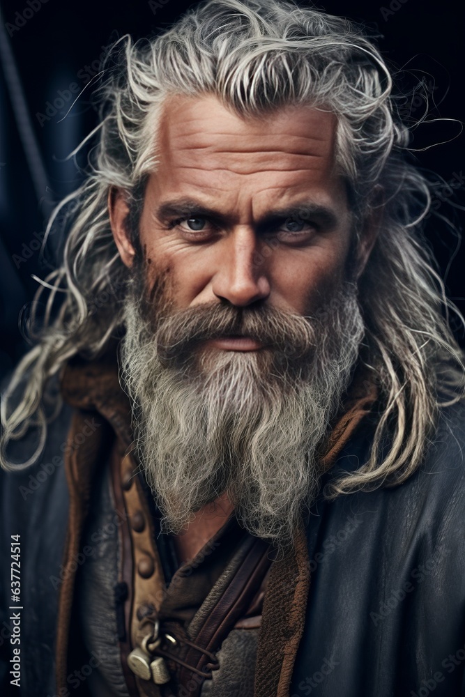 Close up scandinavian man, long gray hair beard model, old sailing boat Close up scandinavian man, long gray hair beard model, old sailing boat