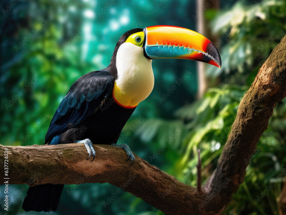 Fototapeta premium Close-up of a rainbow-billed toucan on a tree
