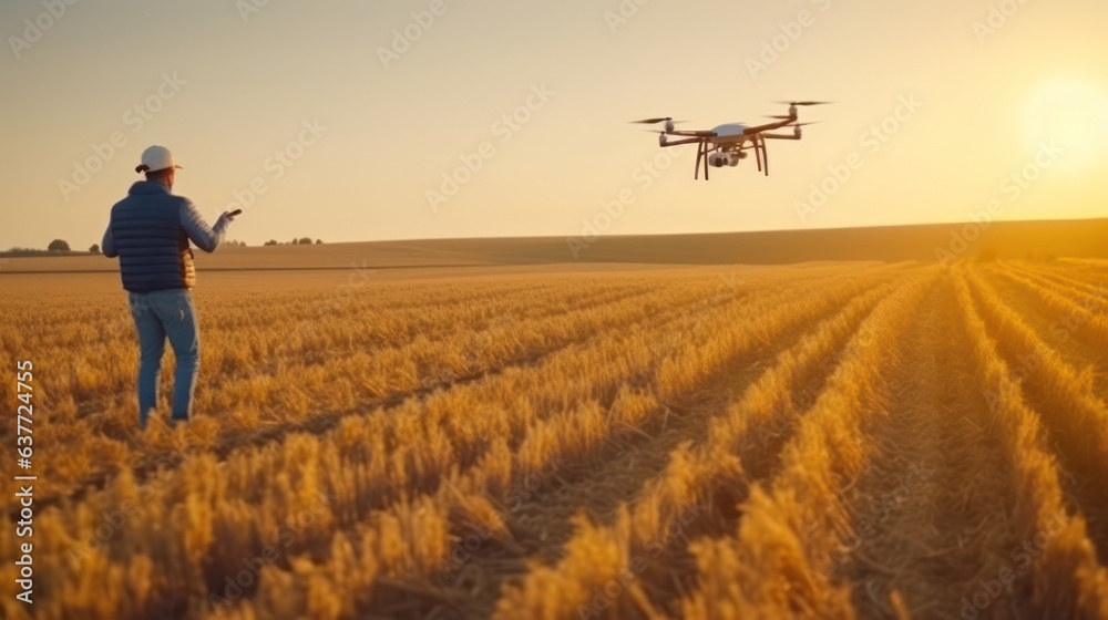 Worker using drone flying over the gold wheat field 