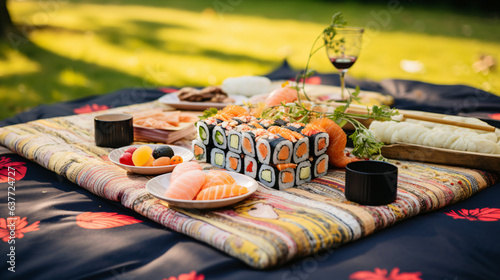 Stylish sushi set on picnic mat in garden