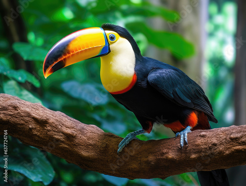 Close-up of a rainbow-billed toucan on a tree © Artemiy