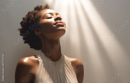 Beautiful african american woman with afro hairstyle, fashion and makeup, portrait photo with golden light shining, diverse cultural black woman