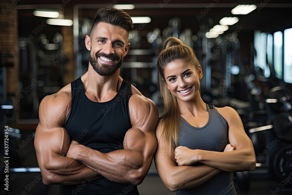 couple flexing their muscles, working out in gym, health and wellness