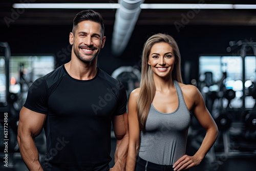 couple flexing their muscles, working out in gym, health and wellness