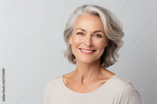 Smiling middle aged Caucasian woman on white background. Luxurious middle-aged woman with a short grey hair on white background. Woman looking at camera. © Liaisan
